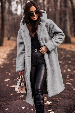 Women's Hooded Teddy Coat — Long Relaxed-Fit Winter Coat with Wide Lapels & Single-Button Front | Koossa