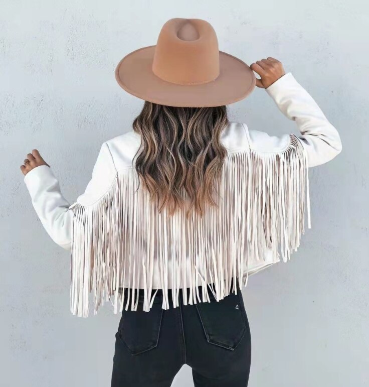Fringed Suede-Effect Jacket with Lapel Collar in Pink, Orange, Black and White – Western-Inspired Cropped Outerwear for Festival Season and Statement Daywear | Koossa