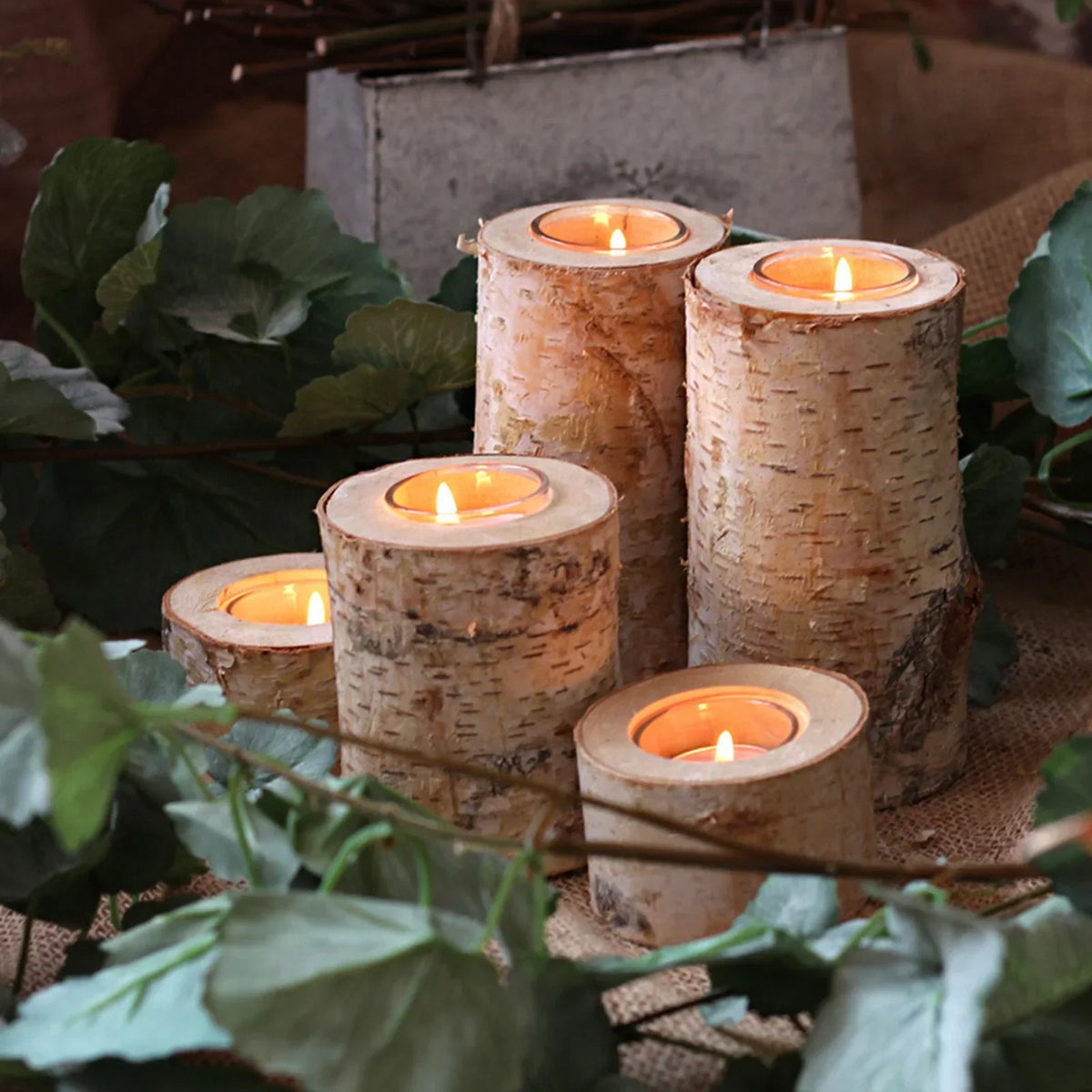 Rustic Birch Wood Tealight Candle Holder with Glass Insert, Natural Bark Table Centerpiece for Home Decor, Dining & Cozy Ambiance | Lonoma