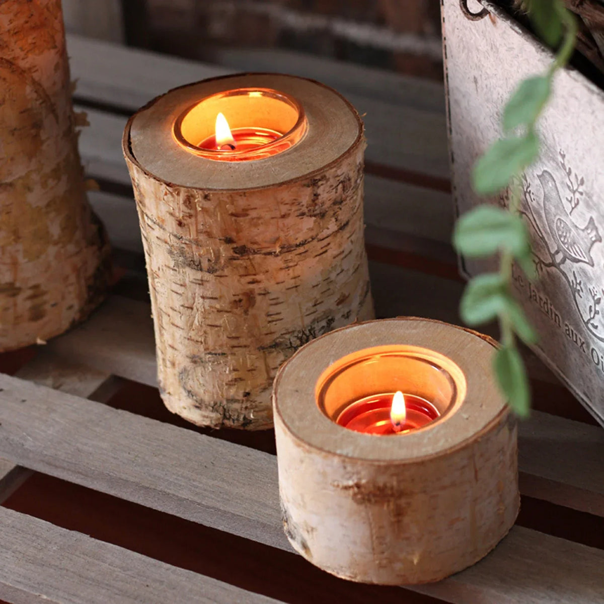 Rustic Birch Wood Tealight Candle Holder with Glass Insert, Natural Bark Table Centerpiece for Home Decor, Dining & Cozy Ambiance | Lonoma