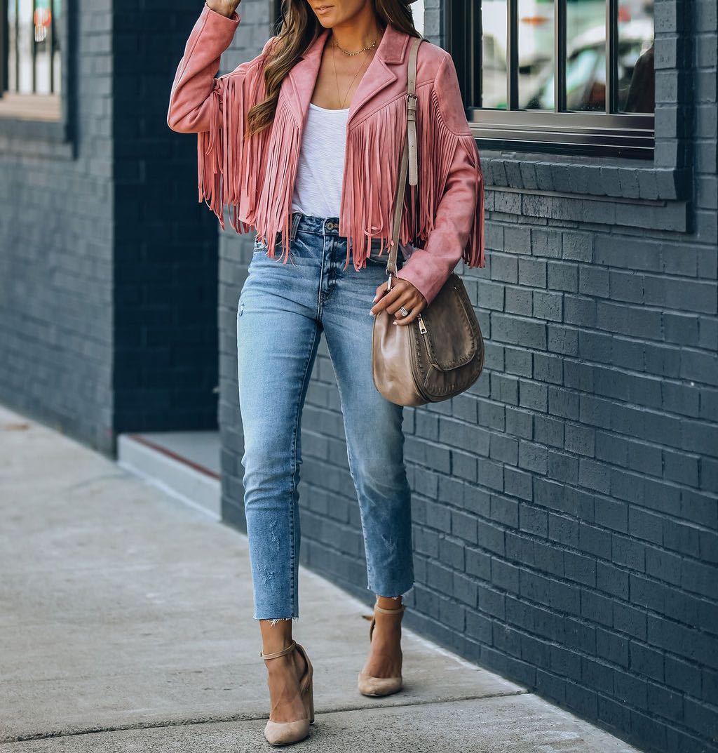 Fringed Suede-Effect Jacket with Lapel Collar in Pink, Orange, Black and White – Western-Inspired Cropped Outerwear for Festival Season and Statement Daywear | Koossa