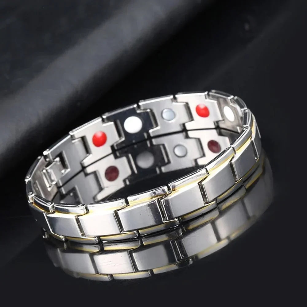 Magnetic Hematite Bracelet for Men & Women, Stainless Steel Magnet Wristband, Adjustable Hook Clasp Gold Accent Everyday Jewelry | Lonoma