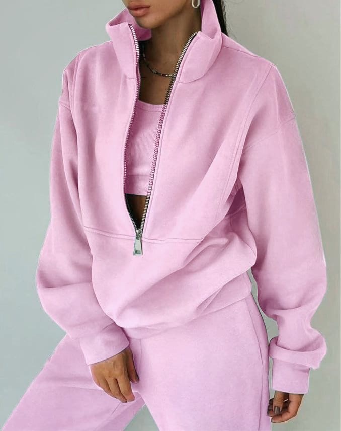 Women's Half-Zip Sweatshirt and Jogger Set in Soft Jersey Relaxed Everyday Loungewear Coordinated Matching Set Two-Piece Tracksuit for Casual Comfort | Koossa