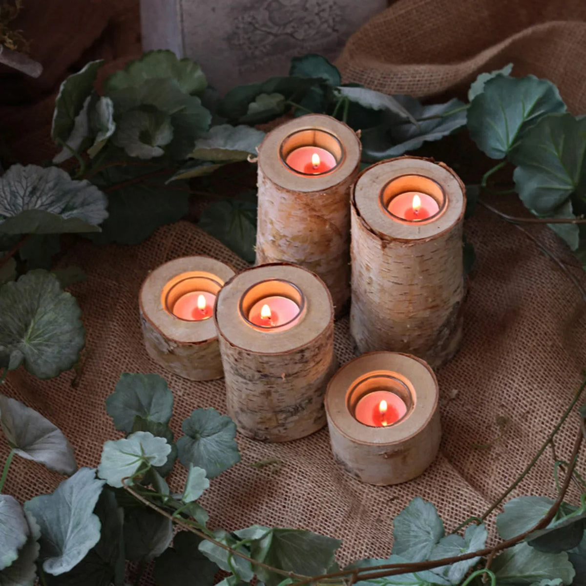 Rustic Birch Wood Tealight Candle Holder with Glass Insert, Natural Bark Table Centerpiece for Home Decor, Dining & Cozy Ambiance | Lonoma