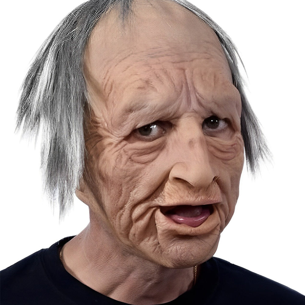 Realistic Latex Full Head Mask with Hair for Adults, Halloween Costume Cosplay Theater Party Character Mask, Old Man Witch Santa | Lonoma