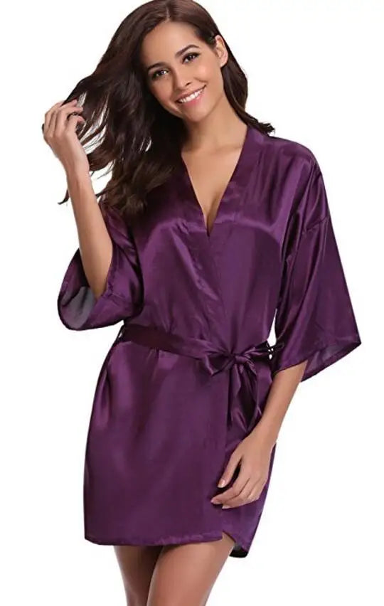 Women's Satin Kimono Robe Lightweight Loungewear Short Sleeve Knee Length Sleepwear for Bridal Party Getting Ready Spa | Lonoma
