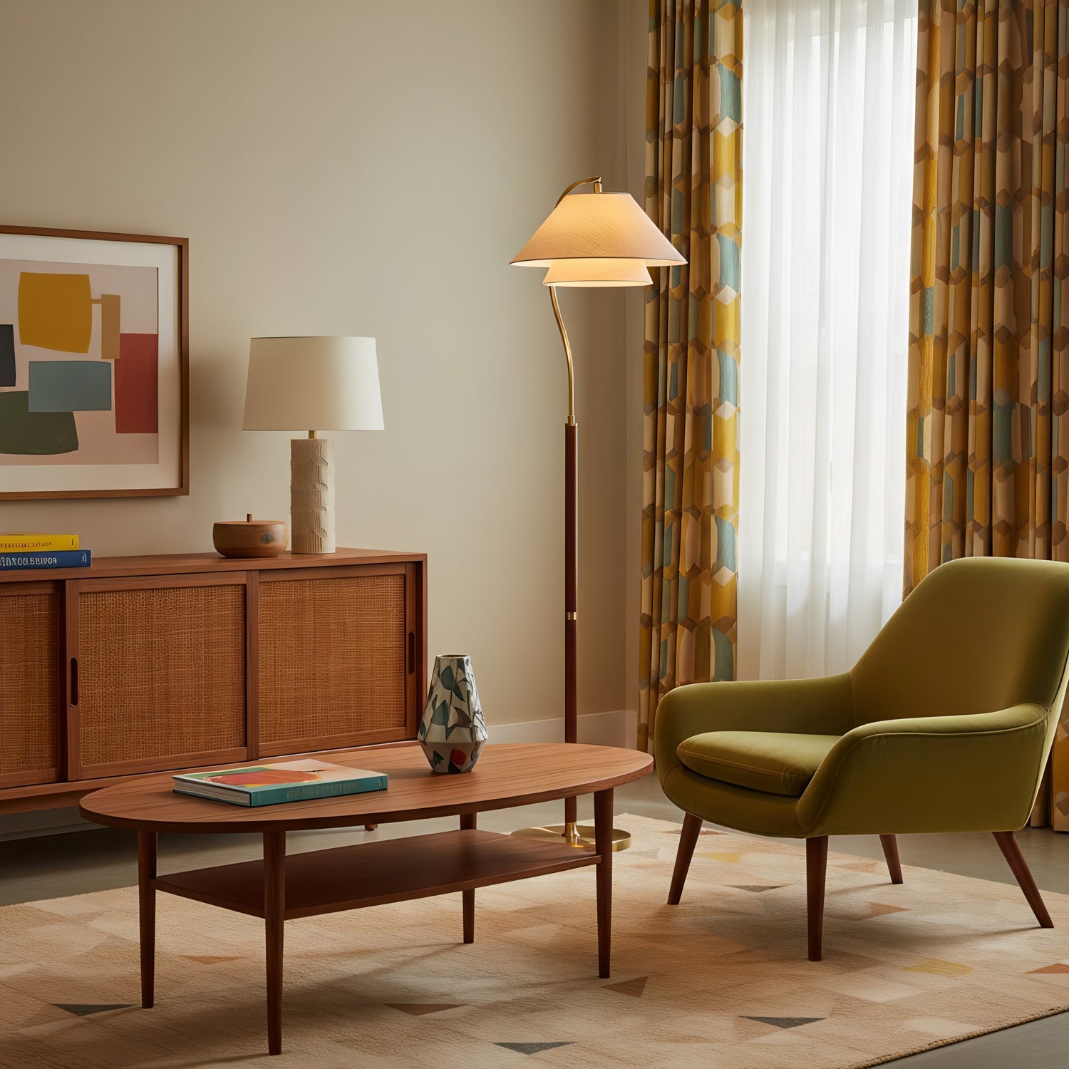 Lampadaire double abat-jour tissu lin et bois 155 cm design élégant salon chambre lumière douce ambiance | Koossa
