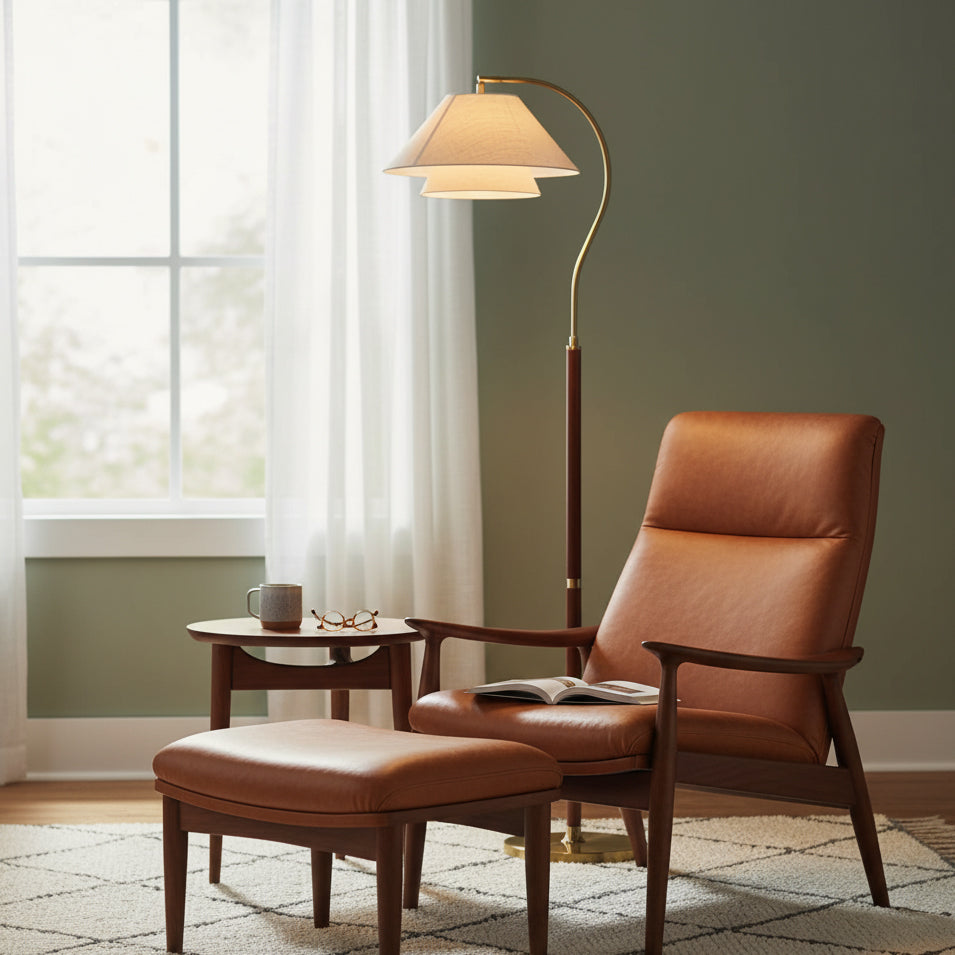 Lampadaire double abat-jour tissu lin et bois 155 cm design élégant salon chambre lumière douce ambiance | Koossa