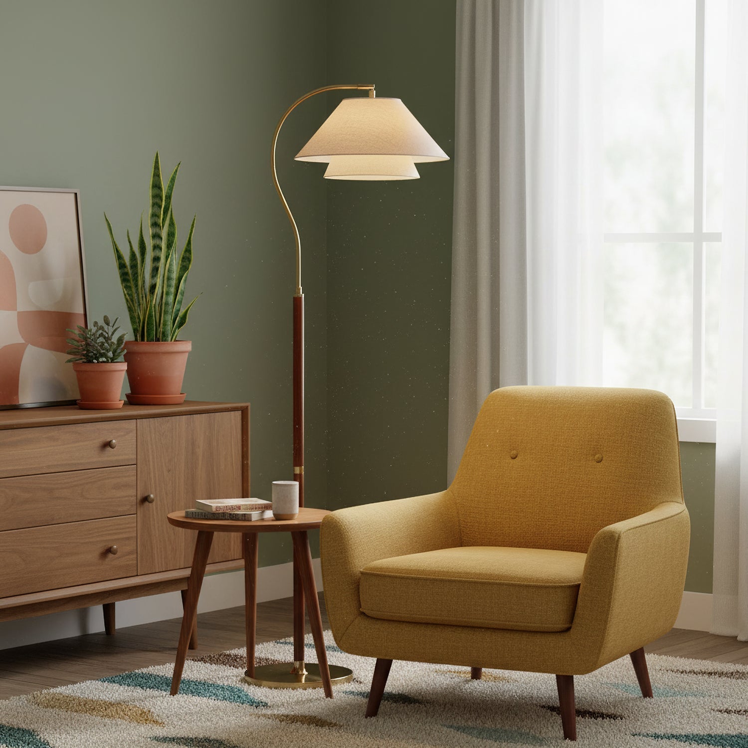 Lampadaire double abat-jour tissu lin et bois 155 cm design élégant salon chambre lumière douce ambiance | Koossa