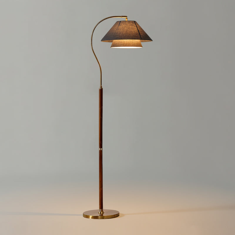 Lampadaire double abat-jour tissu lin et bois 155 cm design élégant salon chambre lumière douce ambiance | Koossa