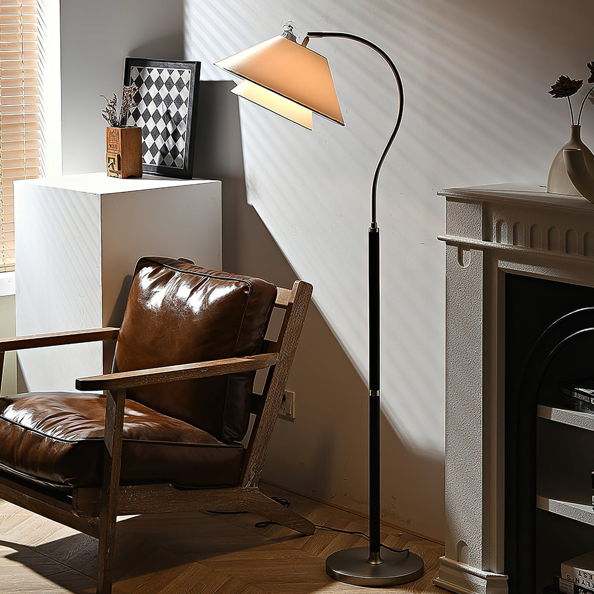 Double Fabric Shade Floor Lamp with Wood & Metal Stand 61 in Tall Statement Lighting for Living Room Bedroom Modern Ambient Uplight | Lonoma