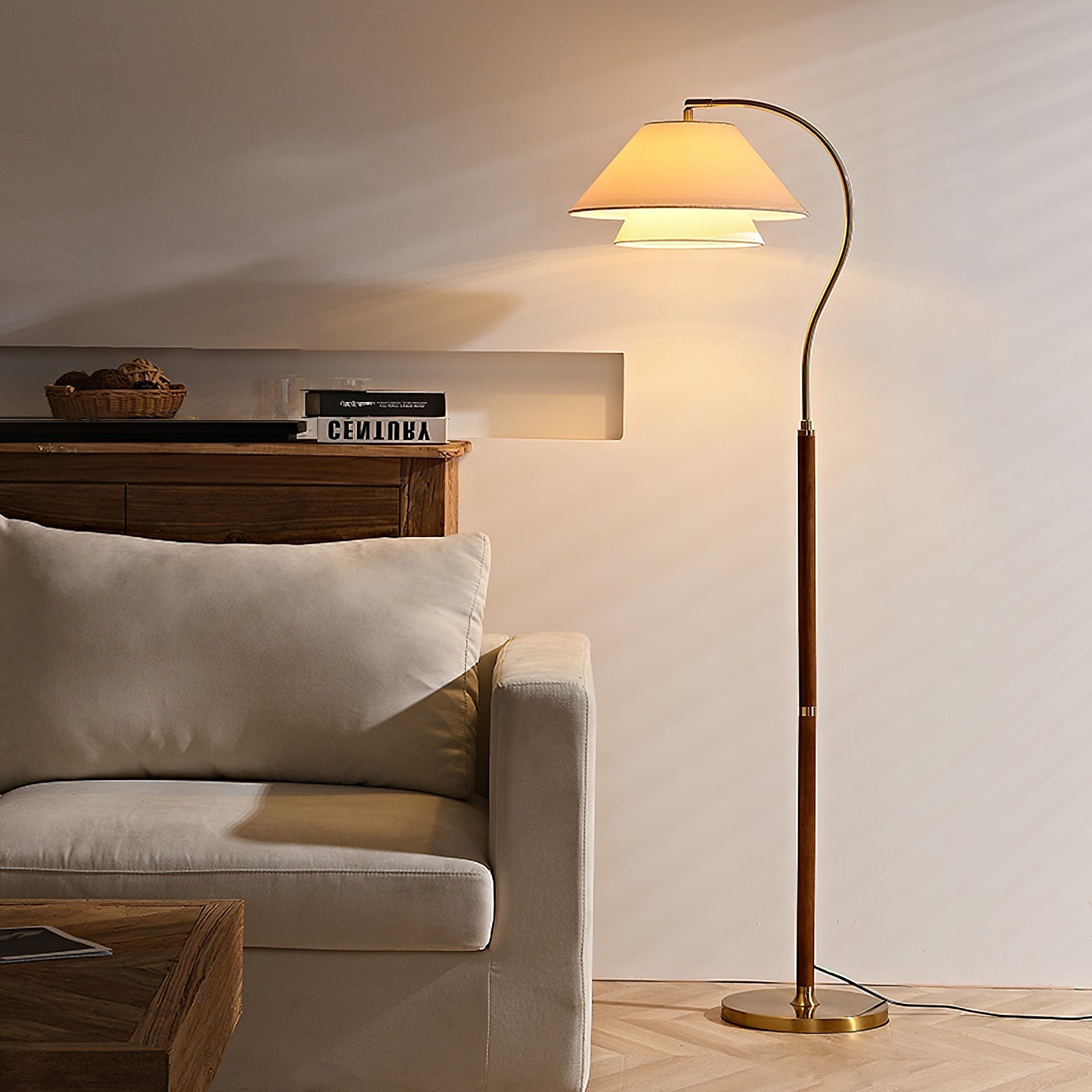 Lampadaire double abat-jour tissu lin et bois 155 cm design élégant salon chambre lumière douce ambiance | Koossa