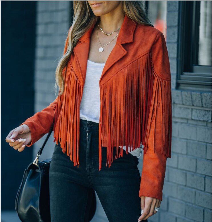 Fringed Suede-Effect Jacket with Lapel Collar in Pink, Orange, Black and White – Western-Inspired Cropped Outerwear for Festival Season and Statement Daywear | Koossa