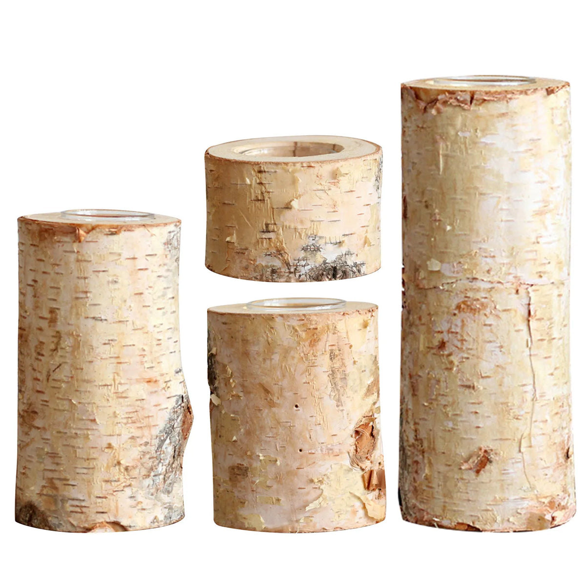 Rustic Birch Wood Tealight Candle Holder with Glass Insert, Natural Bark Table Centerpiece for Home Decor, Dining & Cozy Ambiance | Lonoma