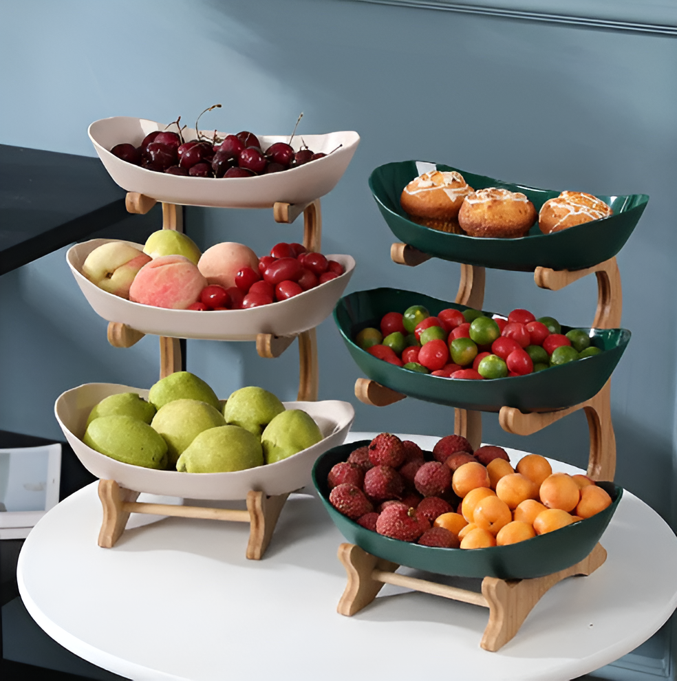 Tiered Wood Fruit Basket Stand with Removable Bowls, 2 or 3 Tier Countertop Produce Holder for Kitchen, Snack & Pastry Serving Tray | Lonoma