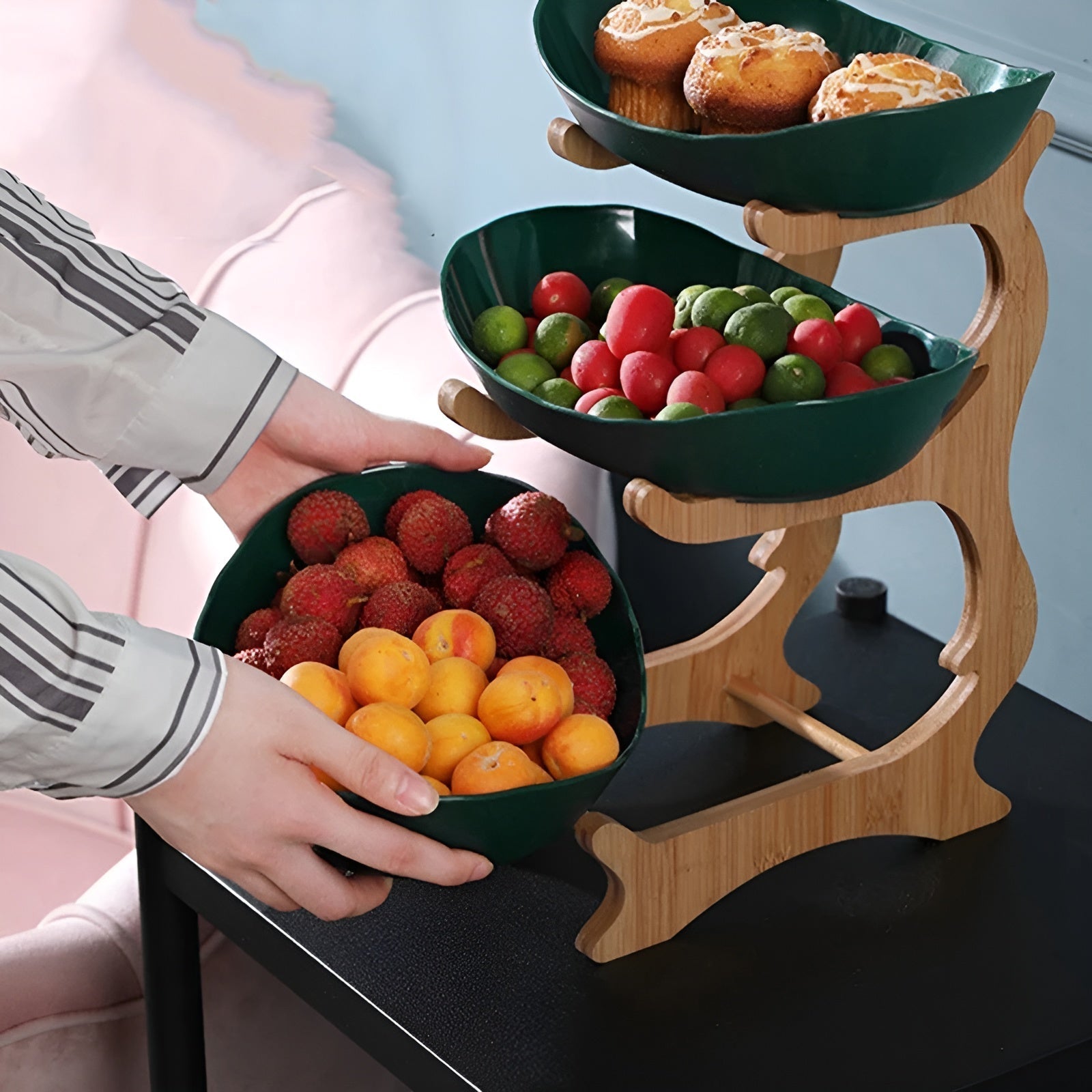 Corbeille à fruits 3 étages en bois massif avec coupelles amovibles pour cuisine rangement pratique élégant | Koossa