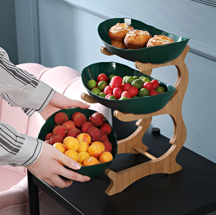 Corbeille à fruits 3 étages en bois massif avec coupelles amovibles pour cuisine rangement pratique élégant | Koossa