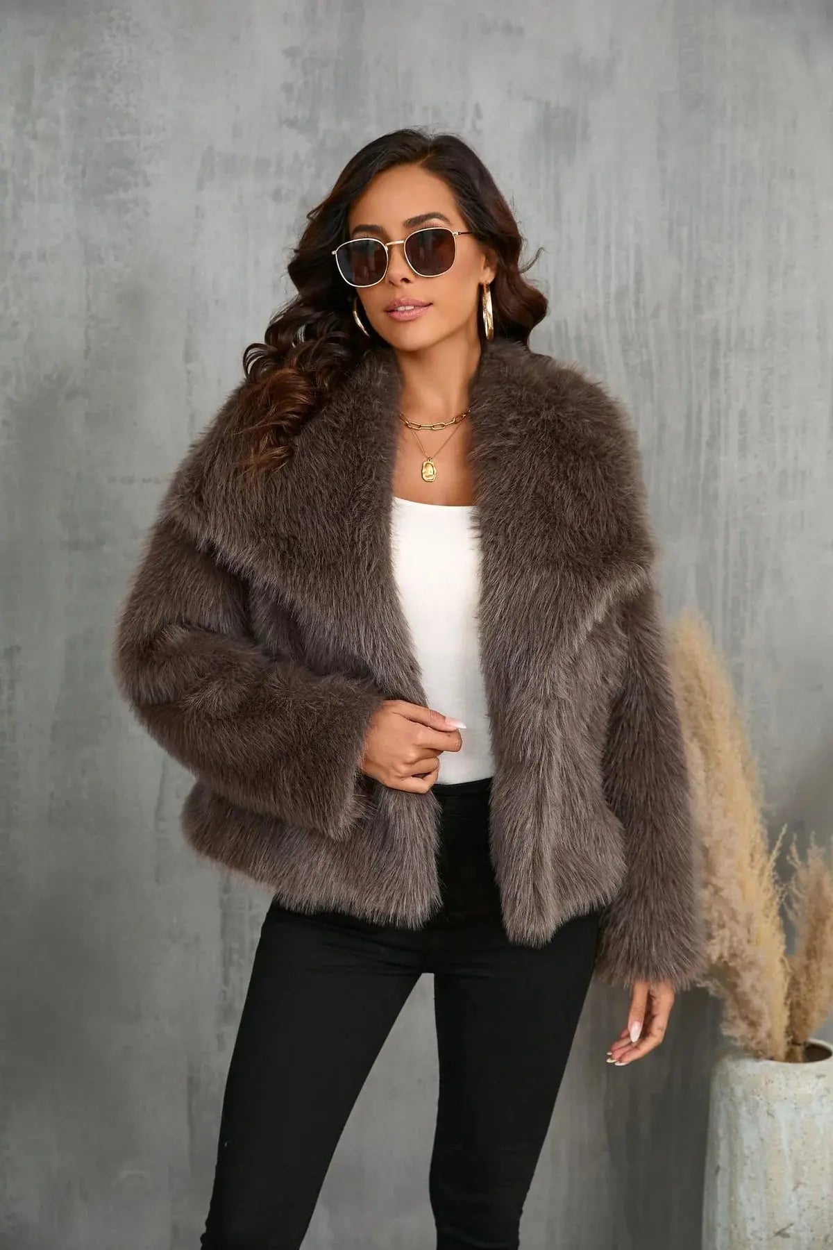 Oversized Faux Fur Coat Beige Grey Black Wide Lapel Winter Outerwear Textured Plush Finish Relaxed Silhouette Statement Layering Piece | Koossa
