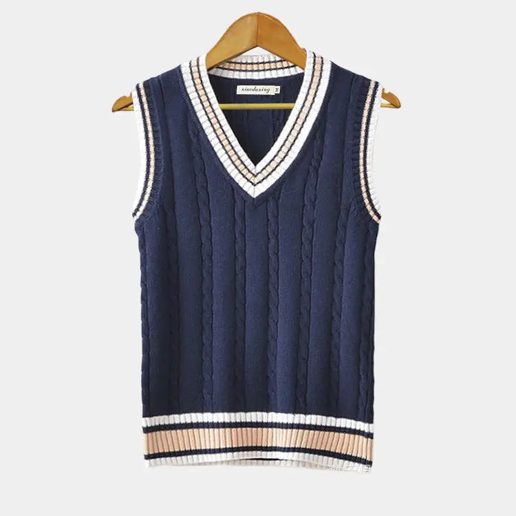 Knitted Sleeveless Jumper with V-Neck and Ribbed Trim in Classic Colours for Smart Layering and Everyday Elegance | Koossa
