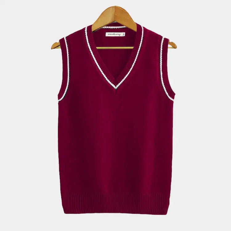 Knitted Sleeveless Jumper with V-Neck and Ribbed Trim in Classic Colours for Smart Layering and Everyday Elegance | Koossa