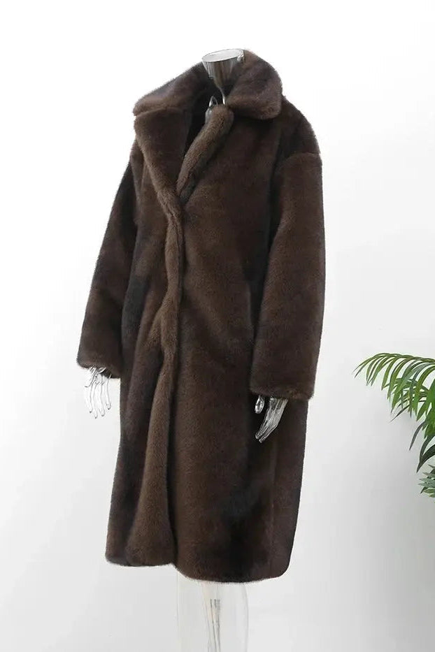 Oversized Faux Fur Coat in Brown with Lapel Collar for Winter Elegance | Women's Long Outerwear | Koossa