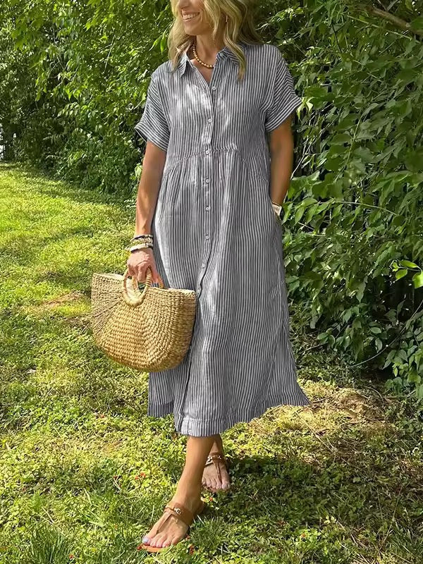Women's Cotton Maxi Shirt Dress with Button Front and Classic Collar – Elegant Summer Dress for Everyday Occasions | Koossa