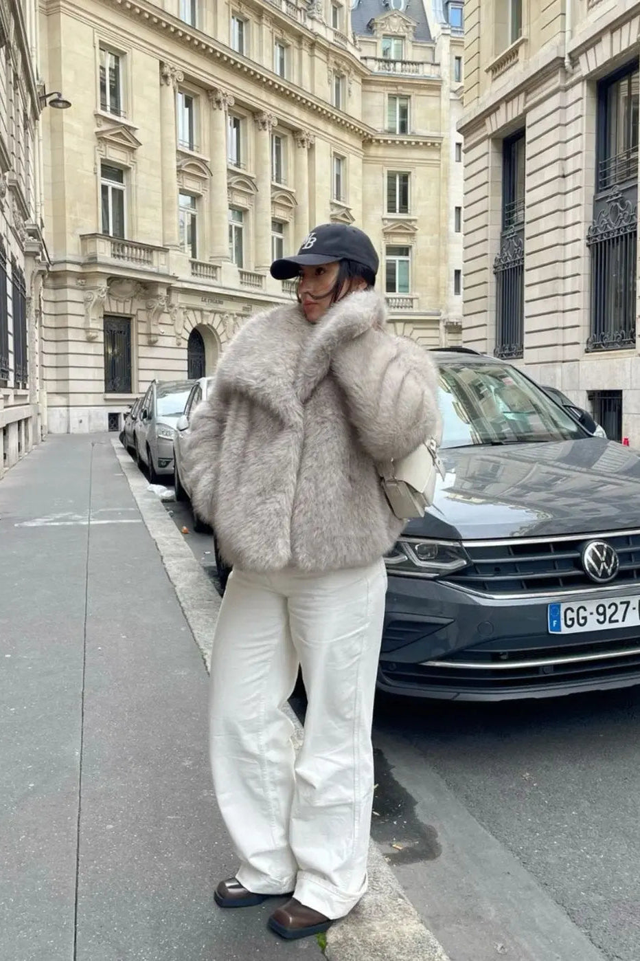 Oversized Faux Fur Coat Beige Grey Black Wide Lapel Winter Outerwear Textured Plush Finish Relaxed Silhouette Statement Layering Piece | Koossa