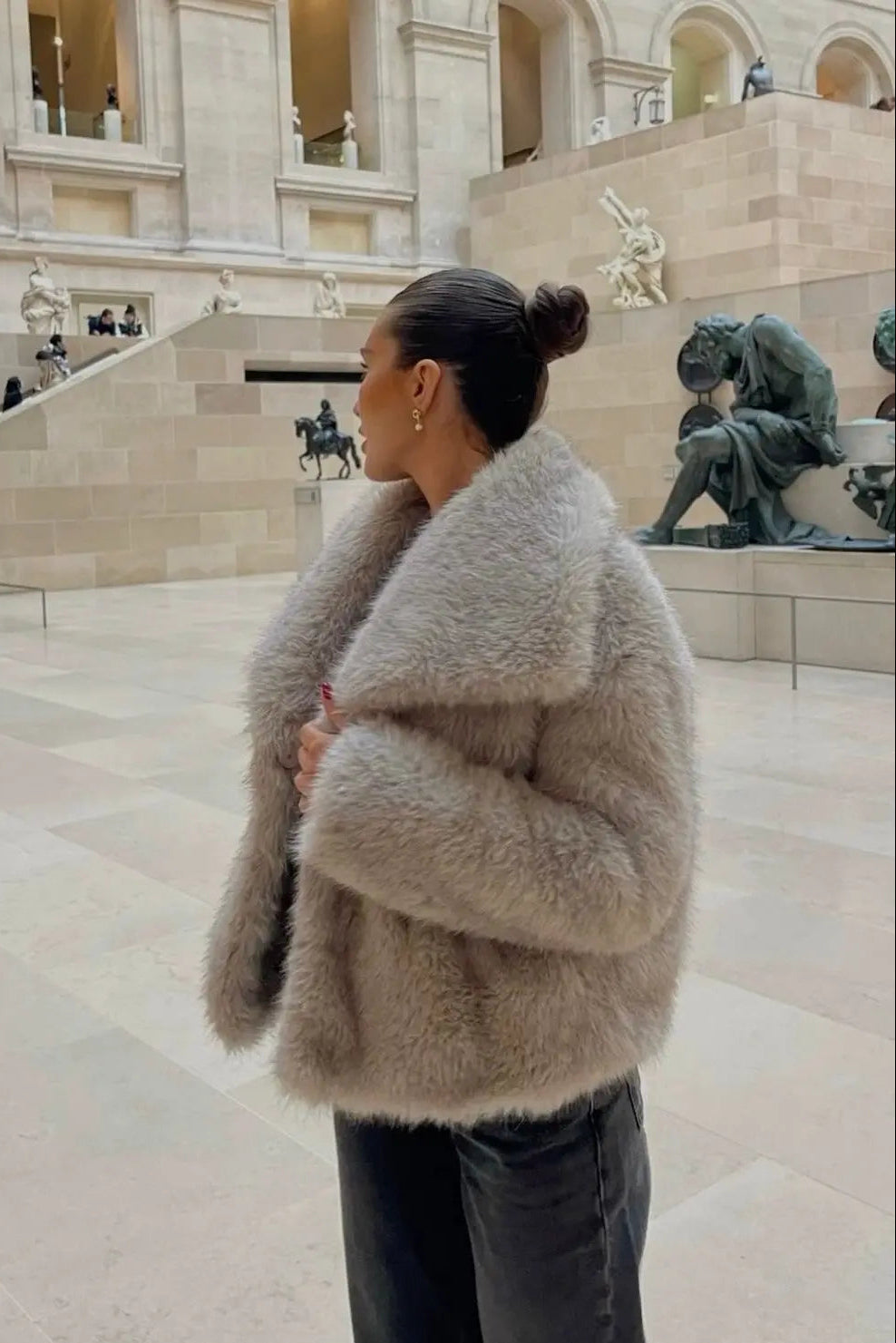 Oversized Faux Fur Coat Beige Grey Black Wide Lapel Winter Outerwear Textured Plush Finish Relaxed Silhouette Statement Layering Piece | Koossa
