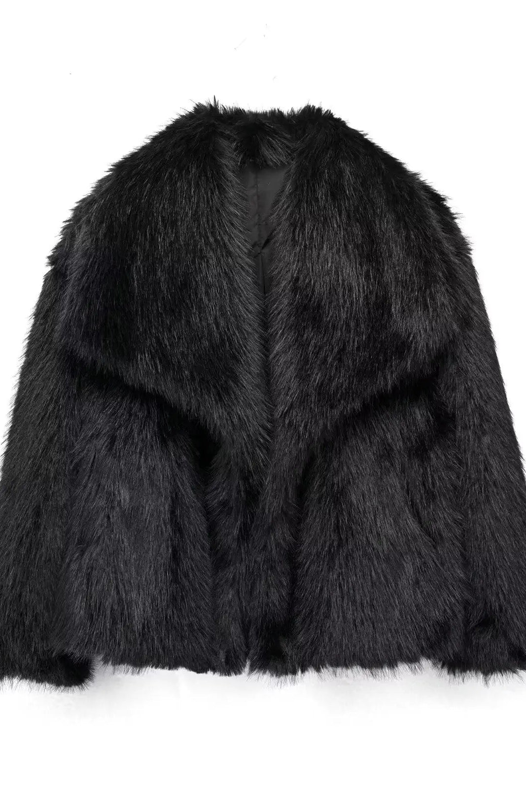 Oversized Faux Fur Coat Beige Grey Black Wide Lapel Winter Outerwear Textured Plush Finish Relaxed Silhouette Statement Layering Piece | Koossa
