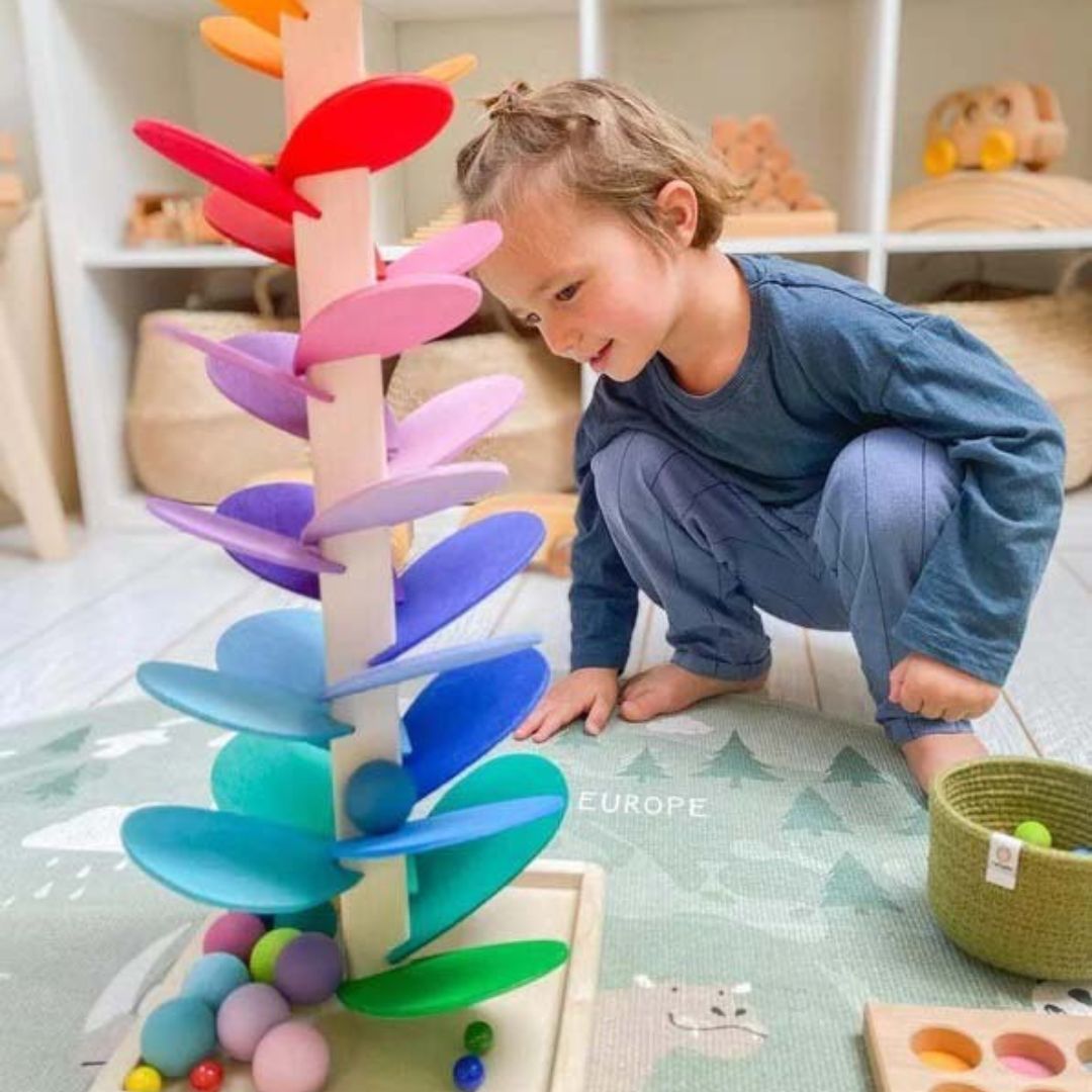 Wooden Ball Drop Tower Toy for Toddlers, Musical Sensory Learning Game with Colorful Rolling Tracks, Montessori Playroom Activity Toy | Lonoma