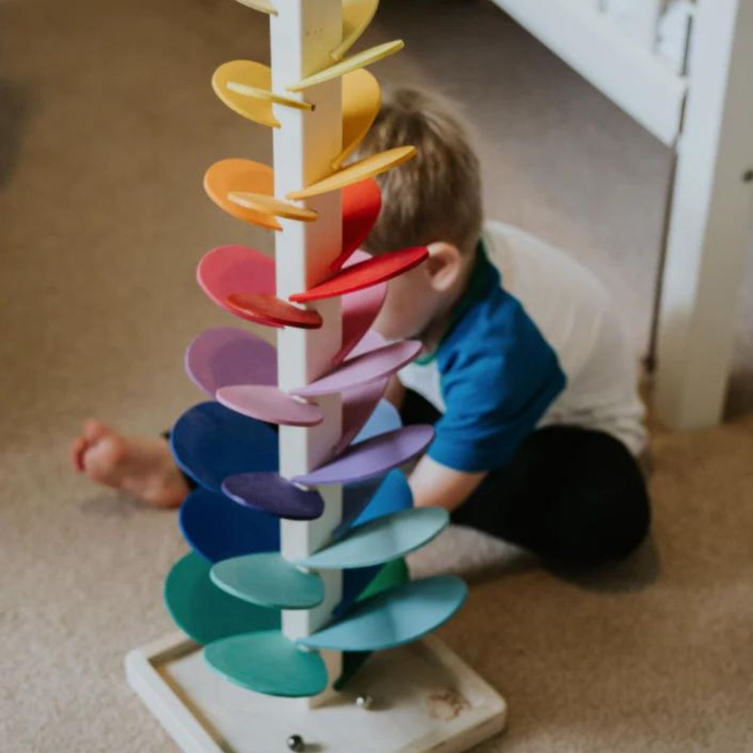 Wooden Ball Drop Tower Toy for Toddlers, Musical Sensory Learning Game with Colorful Rolling Tracks, Montessori Playroom Activity Toy | Lonoma