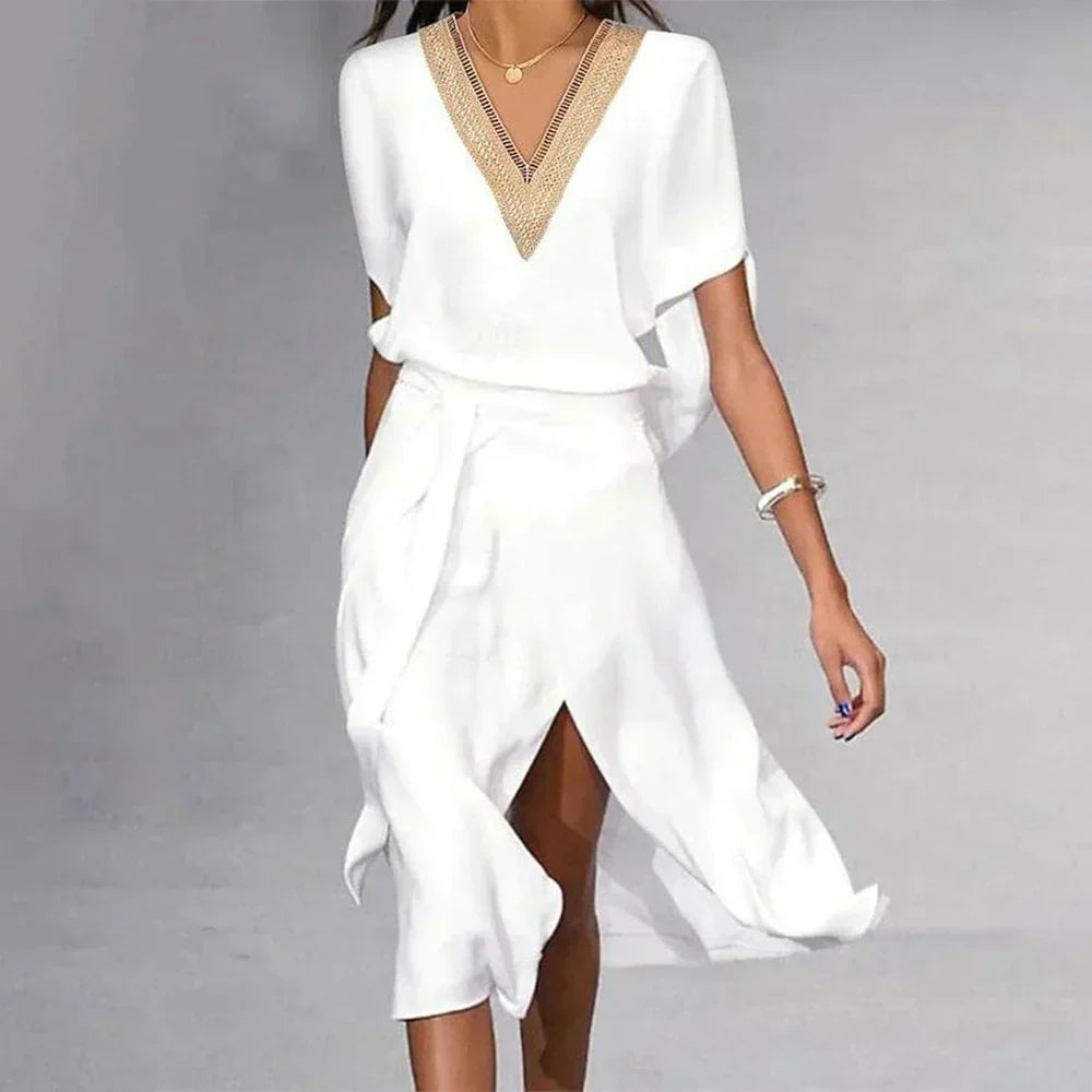 V-Neck Midi Dress with Tie Waist in White – Elegant Wardrobe Essential | Koossa