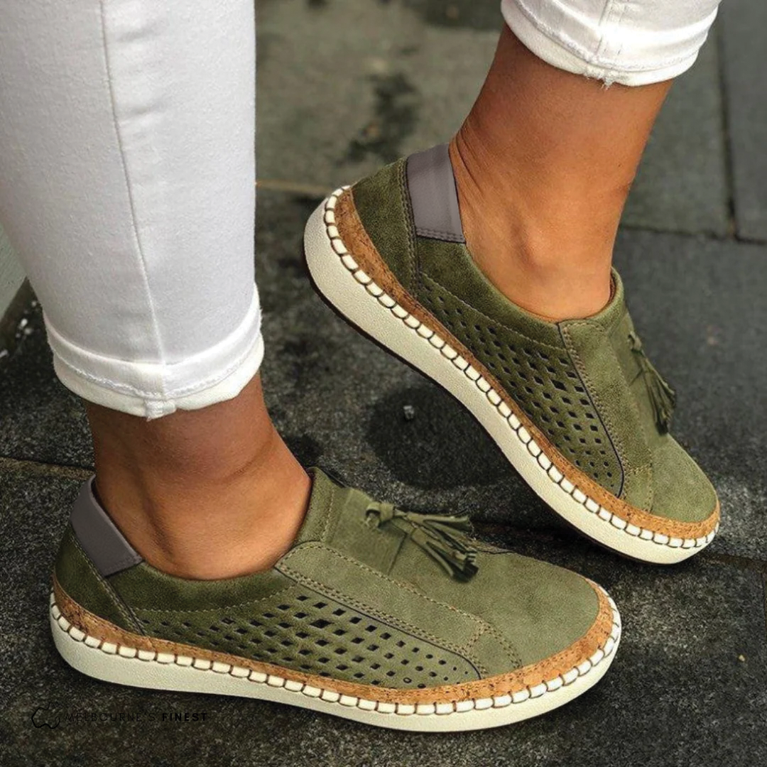 Women's Slip-On Platform Walking Shoes with Perforated Detail and Tassel Accent in Green, Black, Blue, White, and Red – Comfortable Cushioned Sole Casual Everyday Footwear for Spring Summer Leisure | Koossa