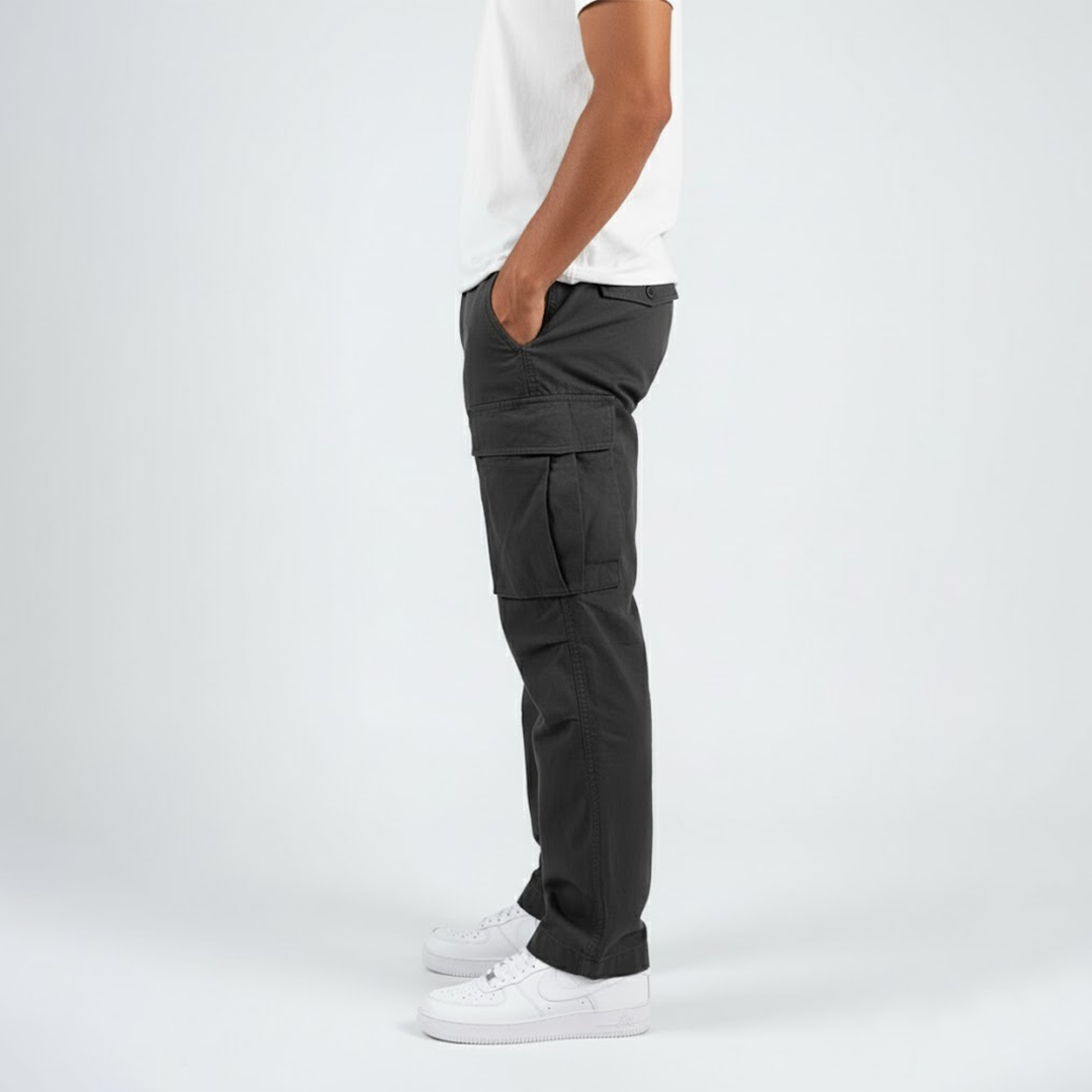 Relaxed Cargo Trousers with Multiple Pockets in Black, Brown, Dark Green & Grey for Casual Everyday Comfort | Koossa