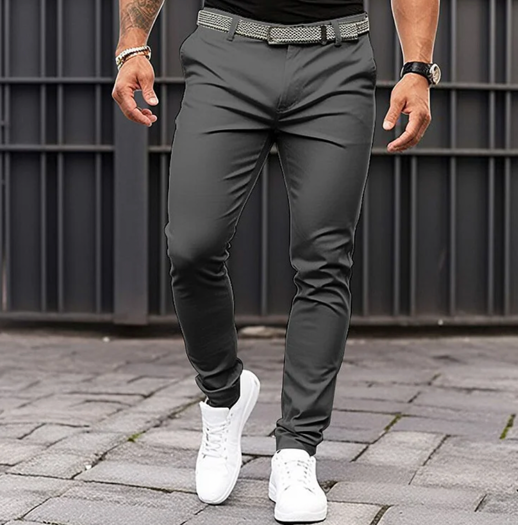 Men's Tapered Stretch Trousers | Dark Grey Slim Leg Jogger-Style Bottoms for Smart Casual Everyday Wear | Koossa