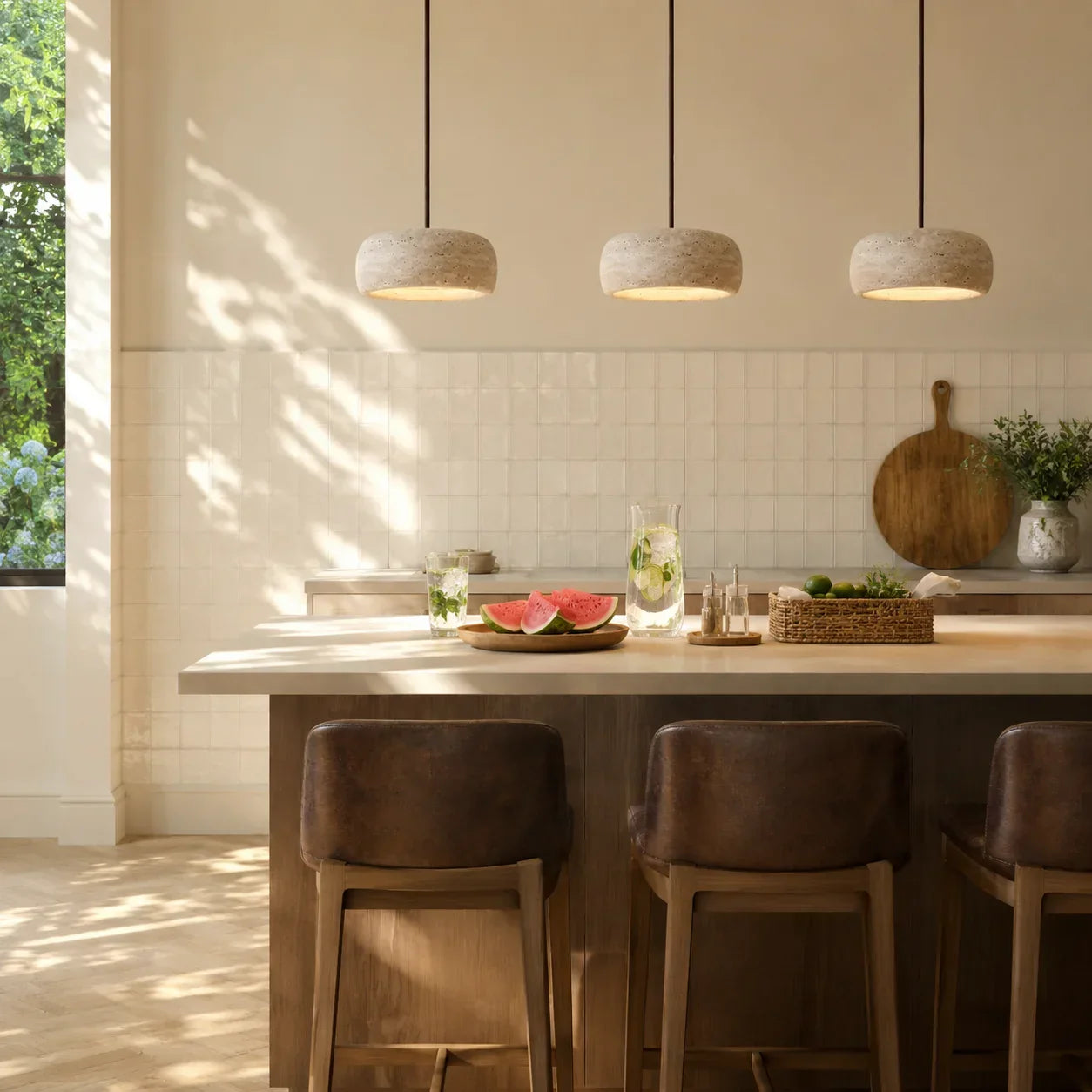 Suspension en Travertine Crème Naturel Style Wabi Sabi pour Salle à Manger Chambre Éclairage Doux Minimaliste | Koossa