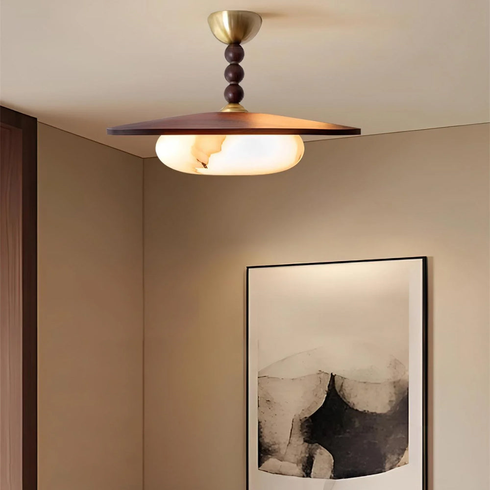 Flush Mount LED Ceiling Light, 14 in Round Walnut Wood with Alabaster Glass Diffuser, Brass Accent Fixture for Bedroom, Hallway, Entryway | Lonoma
