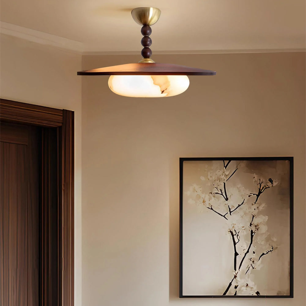 Flush Mount LED Ceiling Light, 14 in Round Walnut Wood with Alabaster Glass Diffuser, Brass Accent Fixture for Bedroom, Hallway, Entryway | Lonoma