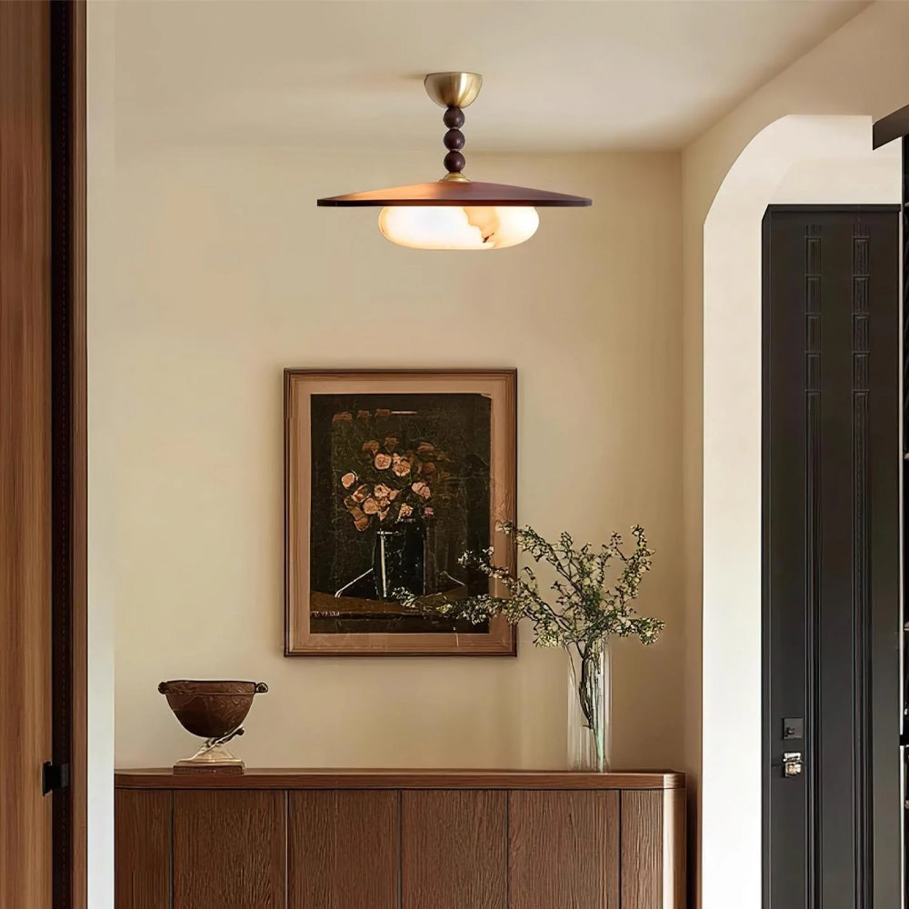 Flush Mount LED Ceiling Light, 14 in Round Walnut Wood with Alabaster Glass Diffuser, Brass Accent Fixture for Bedroom, Hallway, Entryway | Lonoma