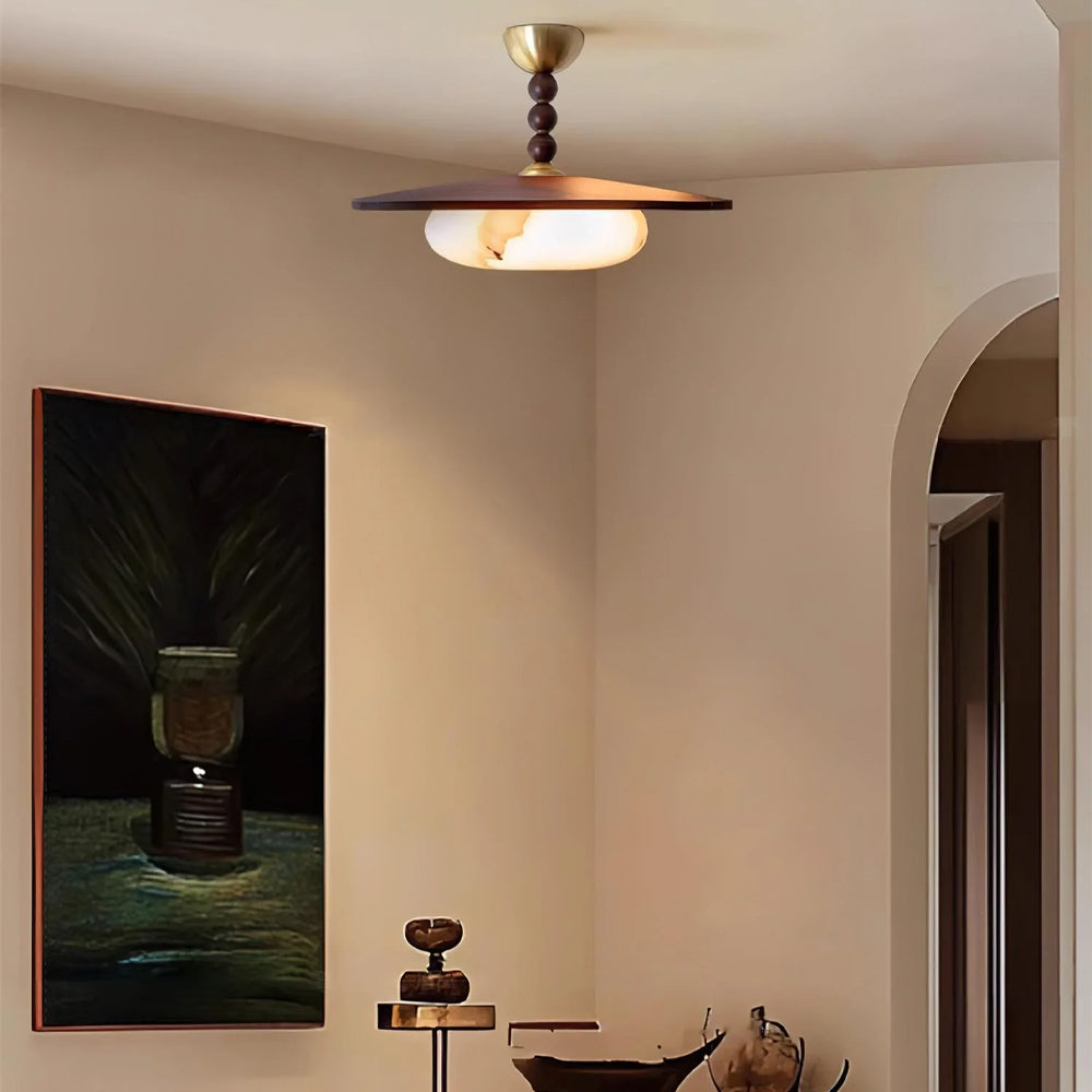 Flush Mount LED Ceiling Light, 14 in Round Walnut Wood with Alabaster Glass Diffuser, Brass Accent Fixture for Bedroom, Hallway, Entryway | Lonoma