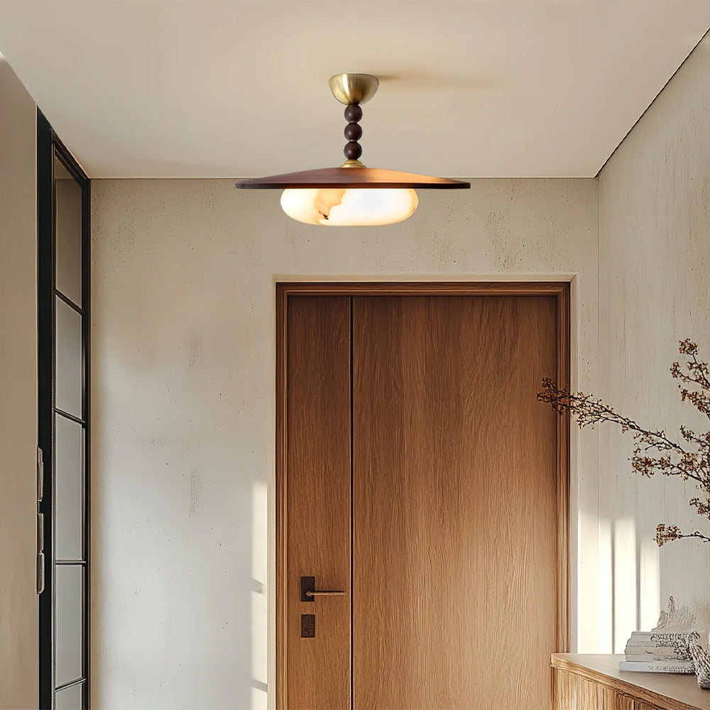 Flush Mount LED Ceiling Light, 14 in Round Walnut Wood with Alabaster Glass Diffuser, Brass Accent Fixture for Bedroom, Hallway, Entryway | Lonoma