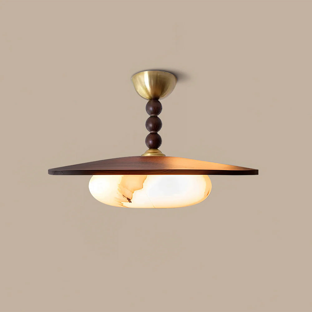 Flush Mount LED Ceiling Light, 14 in Round Walnut Wood with Alabaster Glass Diffuser, Brass Accent Fixture for Bedroom, Hallway, Entryway | Lonoma