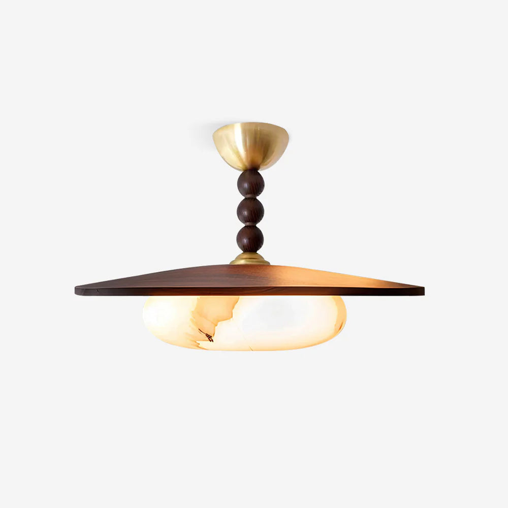 Flush Mount LED Ceiling Light, 14 in Round Walnut Wood with Alabaster Glass Diffuser, Brass Accent Fixture for Bedroom, Hallway, Entryway | Lonoma