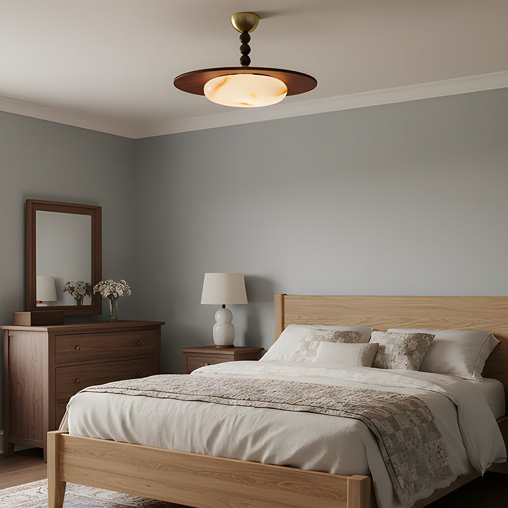 Flush Mount LED Ceiling Light, 14 in Round Walnut Wood with Alabaster Glass Diffuser, Brass Accent Fixture for Bedroom, Hallway, Entryway | Lonoma