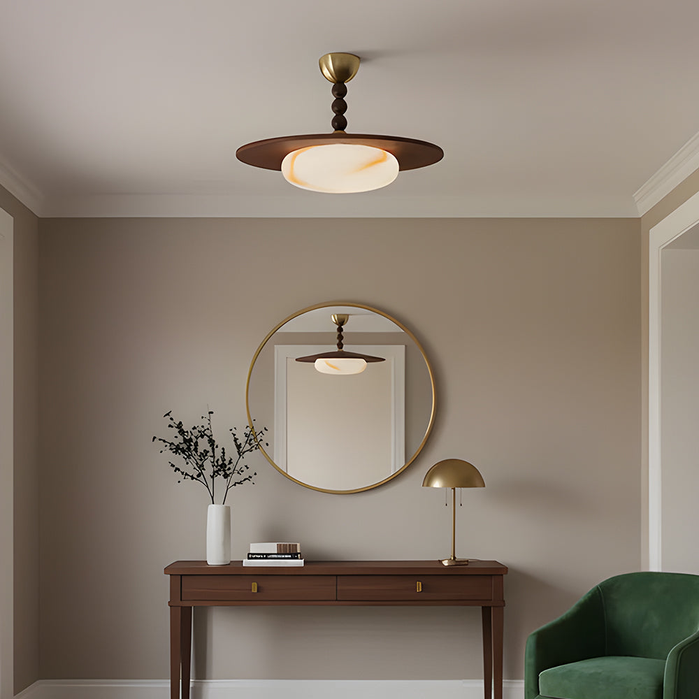 Flush Mount LED Ceiling Light, 14 in Round Walnut Wood with Alabaster Glass Diffuser, Brass Accent Fixture for Bedroom, Hallway, Entryway | Lonoma