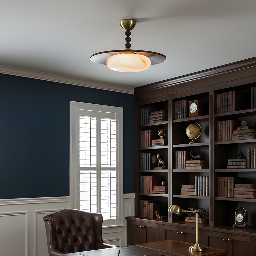 Flush Mount LED Ceiling Light, 14 in Round Walnut Wood with Alabaster Glass Diffuser, Brass Accent Fixture for Bedroom, Hallway, Entryway | Lonoma
