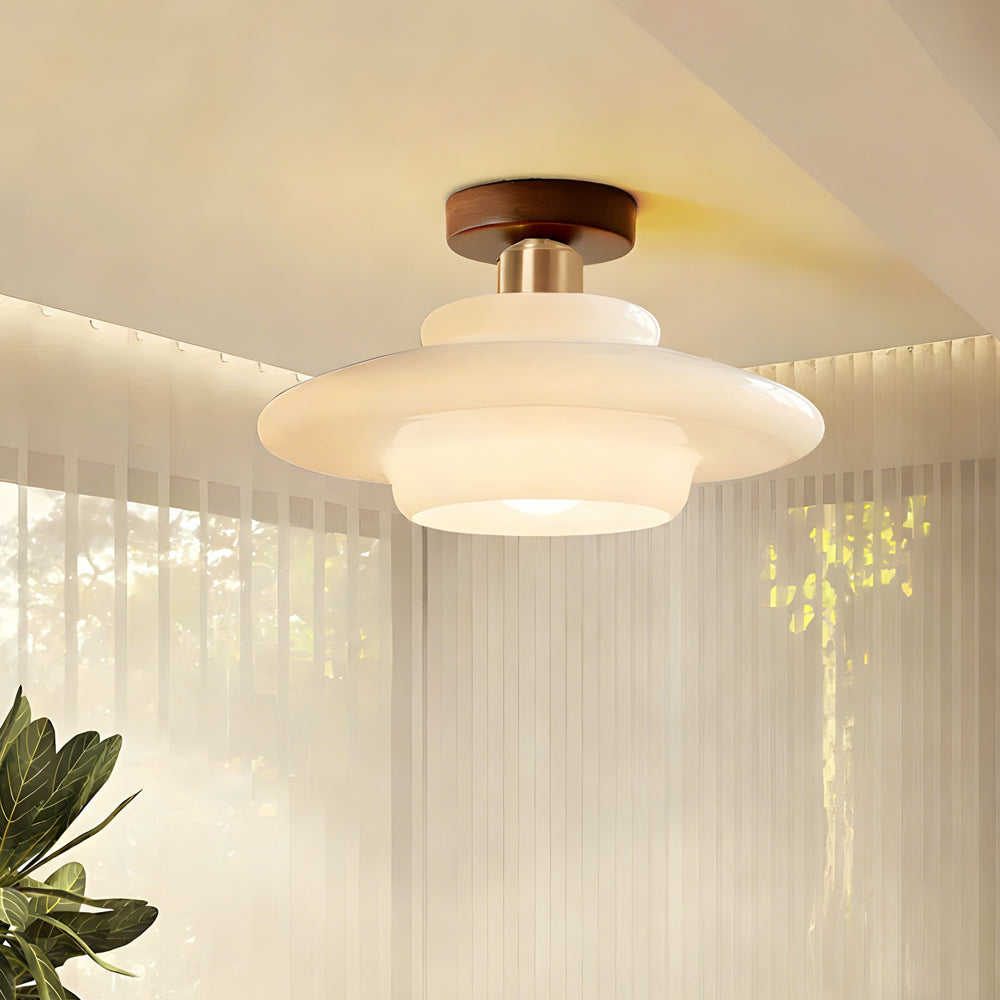 Plafonnier Bois Noyer et Verre Cuivré E27 Style Scandinave pour Entrée Cuisine Salon Luminaire Nordique Naturel | Koossa