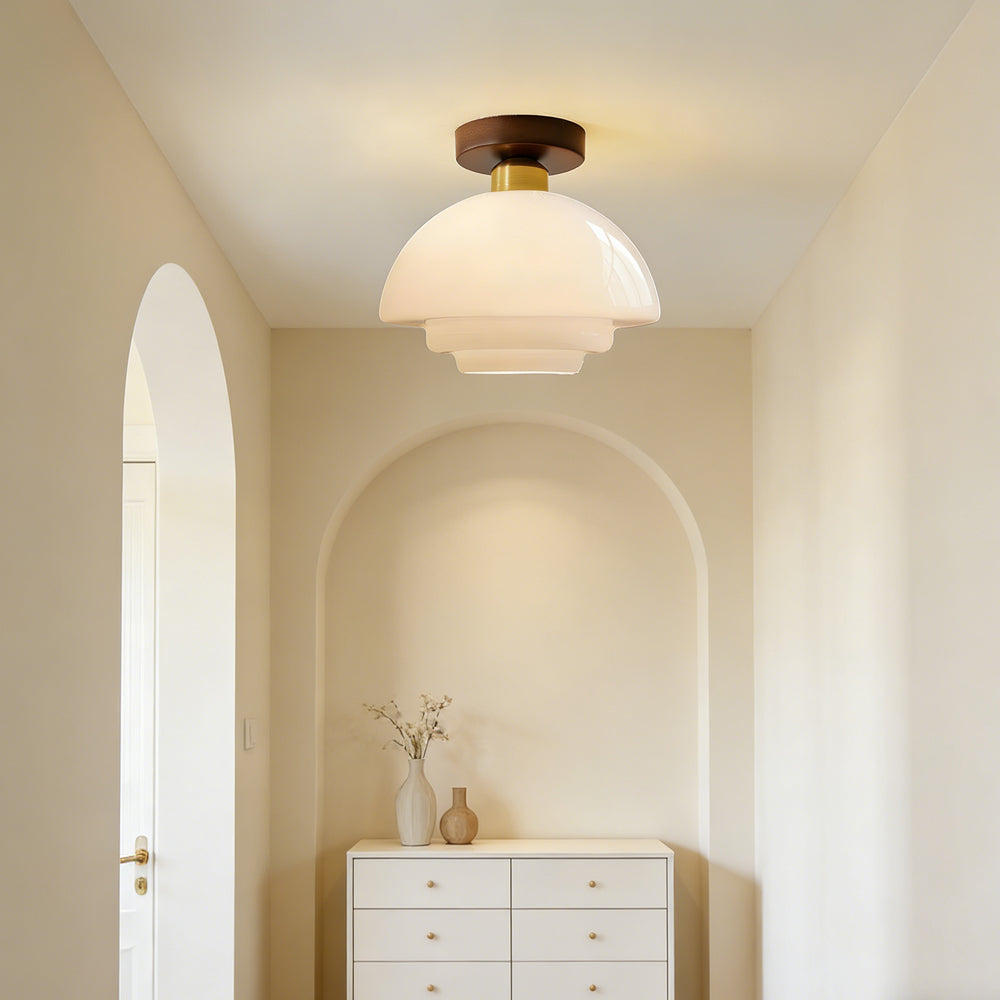 Plafonnier Bois Noyer et Verre Cuivré E27 Style Scandinave pour Entrée Cuisine Salon Luminaire Nordique Naturel | Koossa
