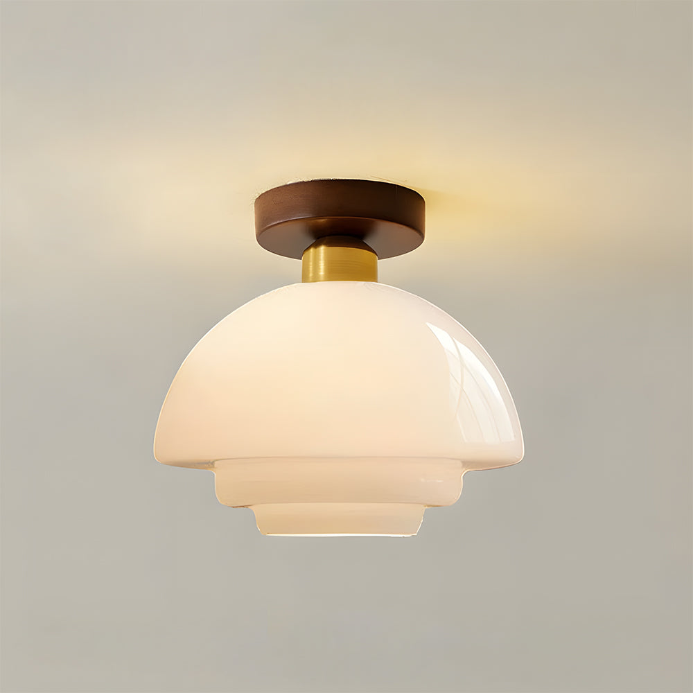 Plafonnier Bois Noyer et Verre Cuivré E27 Style Scandinave pour Entrée Cuisine Salon Luminaire Nordique Naturel | Koossa