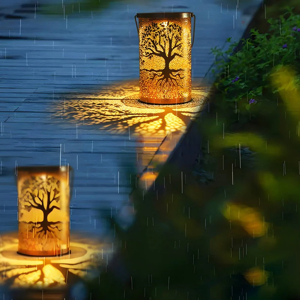Lanterne solaire décorative motif arbre de vie IP55 pour jardin terrasse villa à suspendre ou poser LED blanc | Koossa